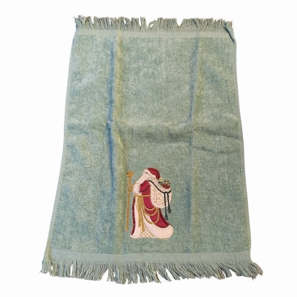 Vintage Christmas Hand Towel Sage Green Victorian Santa Embroidered Fringe 11x16